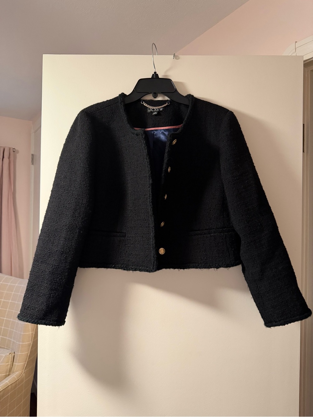 J. Crew Black Cropped Tweed Blazer with Gold Buttons